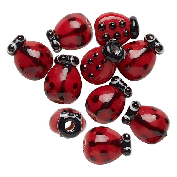 Bead, glass, red, 12x9mm lady bug. Sold per pkg of 10. image number 0