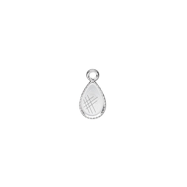 Drop, silver-plated brass, 9x6mm pear with beaded edge and 8x5mm pear bezel setting. Sold per pkg of 24. image number 0