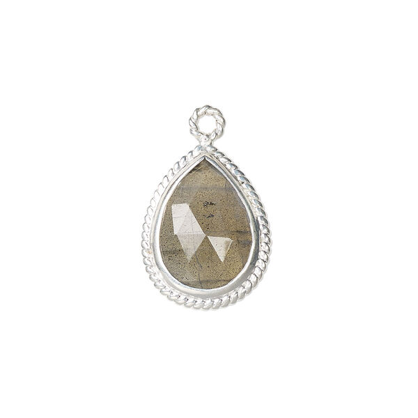 Drop, labradorite (natural) and sterling silver, 18x14mm-20x15mm hand-cut double-sided faceted teardrop with twisted wire design. Sold individually. image number 0