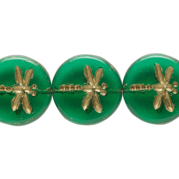 Bead, Preciosa, Czech pressed glass, translucent teal, 17mm flat round with gold-painted dragonfly. Sold per pkg of 12. image number 0