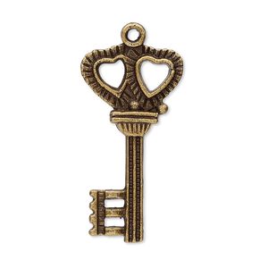 Focal, antique brass-plated "pewter" (zinc-based alloy), 34x17mm two-sided key with double heart design. Sold per pkg of 10.