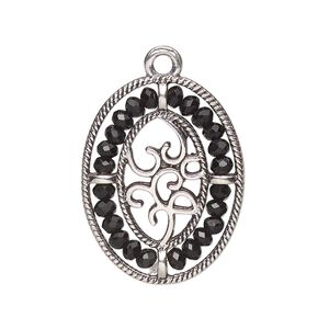 Drop, antique silver-finished "pewter" (zinc-based alloy), black, 28x21.5mm oval with hearts and beaded border. Sold per pkg of 2.
