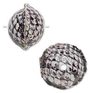 Bead, leather, black and grey, 20-24mm round with snakeskin design. Sold individually.