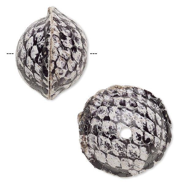 Bead, leather, black and grey, 20-24mm round with snakeskin design. Sold individually. image number 0