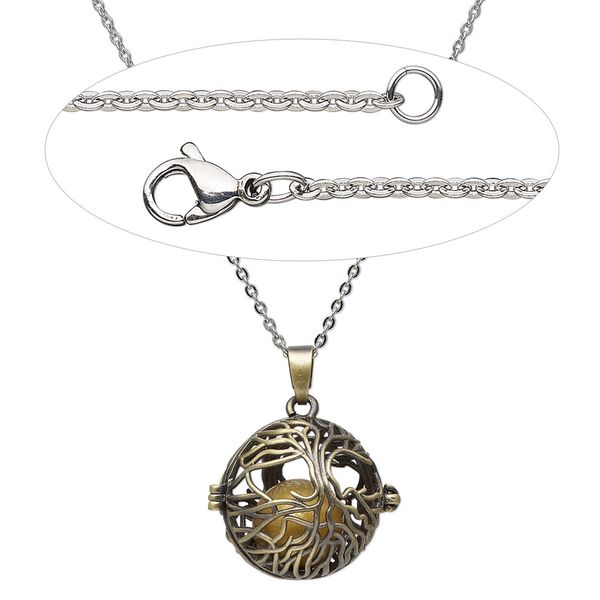 Necklace, Everyday Jewelry™, antique brass-finished brass drop and stainless steel chain, 24 inches. Sold individually. image number 0