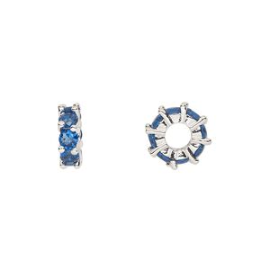 Bead, cubic zirconia and silver-plated brass, sapphire, 10.5x3.5mm rondelle. Sold per pkg of 2.