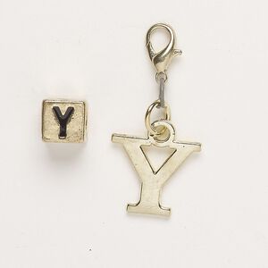 Bead and charm, brass-finished "pewter" (zinc-based alloy) / steel / enamel, black, 7mm cube with alphabet letter "Y" and 15x1mm alphabet letter "Y" with lobster claw clasp. Sold per pkg of 2.