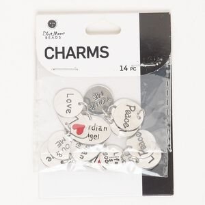 Drop assortment, silver-finished steel and enamel, red and black, 14mm-23x11.5mm single-sided round and oval. Sold per pkg of 14.