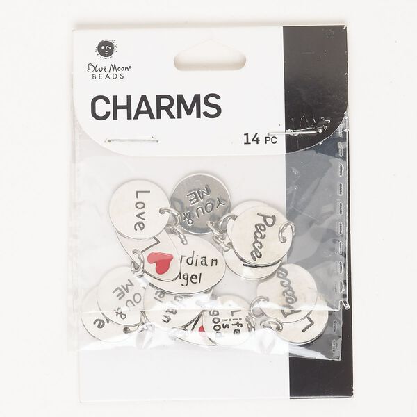 Drop assortment, silver-finished steel and enamel, red and black, 14mm-23x11.5mm single-sided round and oval. Sold per pkg of 14. image number 0