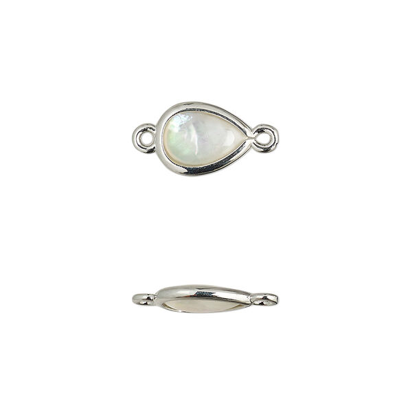 Link, mother-of-pearl shell and imitation rhodium-finished brass (assembled), 10.5x7mm-11.5x8mm double-sided teardrop. Sold per pkg of 4. image number 0