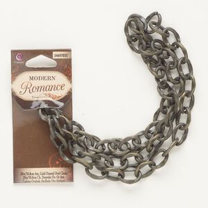 Chain, antique brass-finished steel, 9mm indented cable. Sold per pkg of 20 inches.