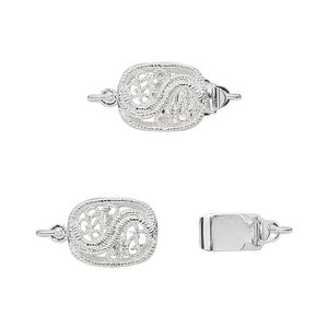 Clasp tab 1pkg4 silver-plated, 12x9mm filigree oval, brass 1-strand