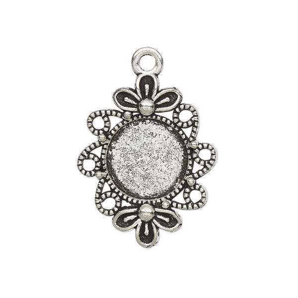 Drop, glue-in, antique silver-finished "pewter" (zinc-based alloy), 26x21mm single-sided flower with 12mm round setting. Sold per pkg of 2. image number 0