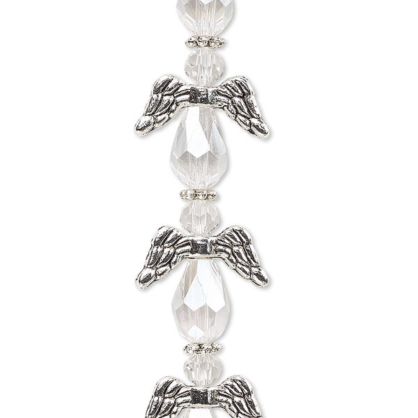 Bead, crystal and antique silver-plated "pewter" (zinc-based alloy), translucent clear AB, 17x14mm angel. Sold per pkg of 6. image number 0