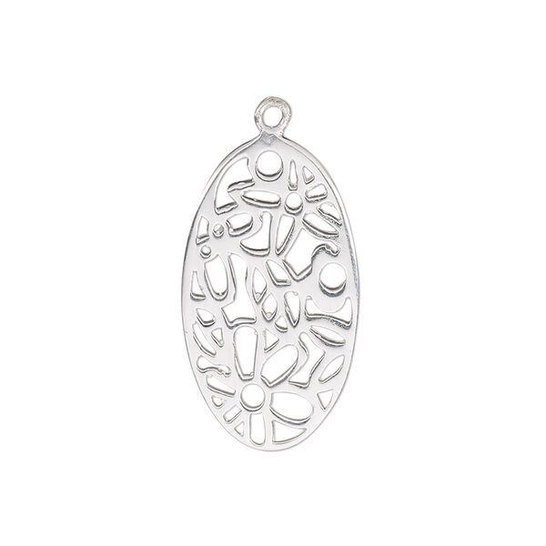 Drop, sterling silver, 26x14.5mm single-sided oval with cutout flowers. Sold individually. image number 0