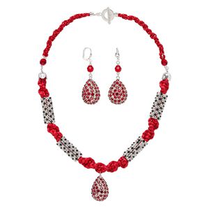 Necklace and earring set, One of a Kind Jewelry, silver-finished brass / glass / satin cord, red / black / clear, 21-inch necklace. Only one available.