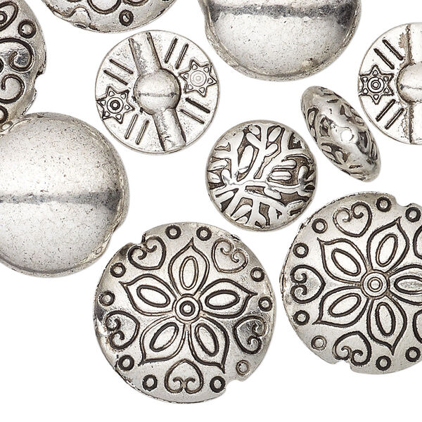 Bead, antique silver plate "pewter" (zinc-based alloy), 12-19mm double-sided puffed round with assorted designs. Sold per pkg of 10. image number 0