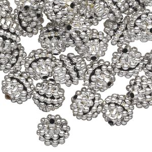 Bead, acrylic, silver color, 10mm round with razzleberry design. Sold per pkg of 100.
