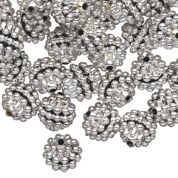 Bead, acrylic, silver color, 10mm round with razzleberry design. Sold per pkg of 100. image number 0