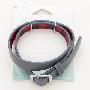 Bracelet, wrap, vinyl and silver-finished "pewter" (zinc-based alloy), grey / black / red, 10mm wide, 17 inches with plaid design. Sold individually.