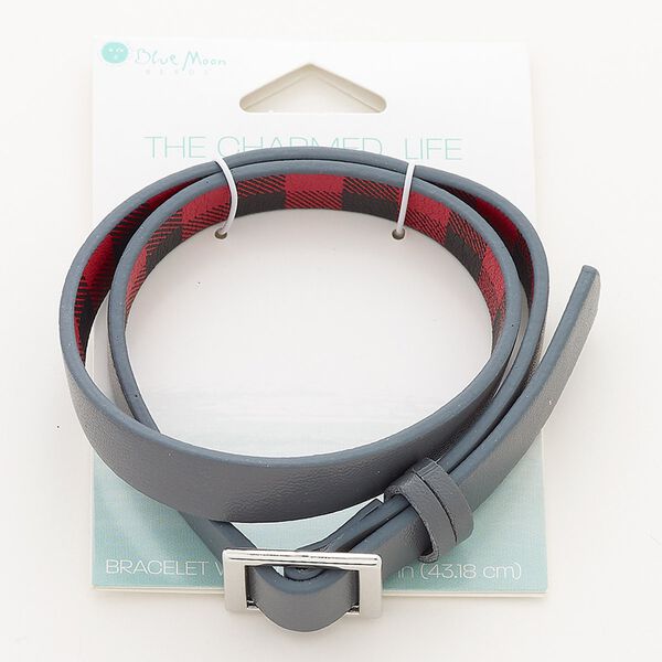 Bracelet, wrap, vinyl and silver-finished "pewter" (zinc-based alloy), grey / black / red, 10mm wide, 17 inches with plaid design. Sold individually. image number 0