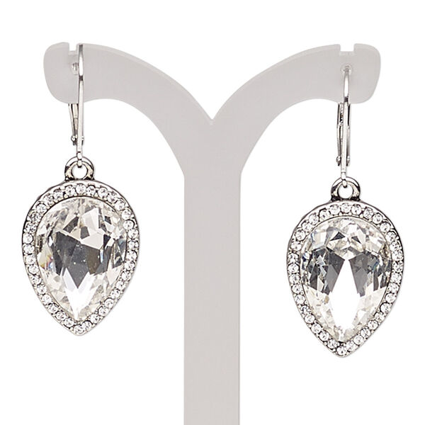 Earring, glass rhinestone / glass / imitation rhodium-plated brass / "pewter" (zinc-based alloy), clear, 41mm with teardrop and leverback ear wire. Sold per pair. image number 0