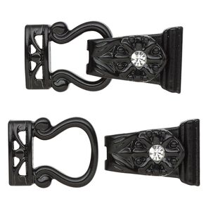 Clasp magnetic fold-over 1pkg2 "pewter" (zinc alloy), 29x13mm, black-finished / clear rhinestone 2-strand