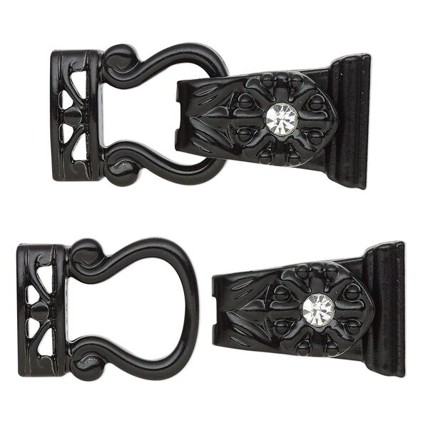 Clasp, magnetic, black-finished "pewter" (zinc-based alloy) and glass, clear, 29x13mm 2-strand fold-over. Sold per pkg of 2. image number 0
