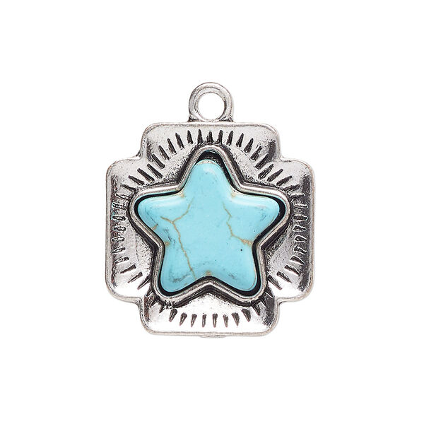 Drop, antique silver-finished "pewter" (zinc-based alloy) and "turquoise" (resin) (imitation), turquoise blue, 22mm single-sided Swiss cross with star. Sold per pkg of 4. image number 0