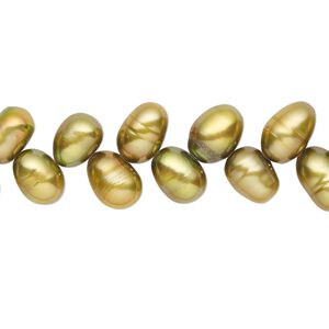 Pearl, cultured freshwater (dyed), golden olive, 8x6mm-11x7mm herringbone-drilled rice with 0.4-0.6mm hole, C- grade, Mohs hardness 2-1/2 to 4. Sold per 14-inch strand.