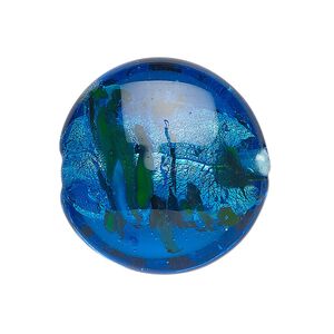 Bead, lampworked glass, blue and green with silver-colored foil, 28mm puffed flat round. Sold individually.