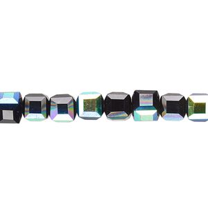 Bead 1pk 18 facets opaque black AB, Celestial Crystal® 6mm cube 15.5-16 inch