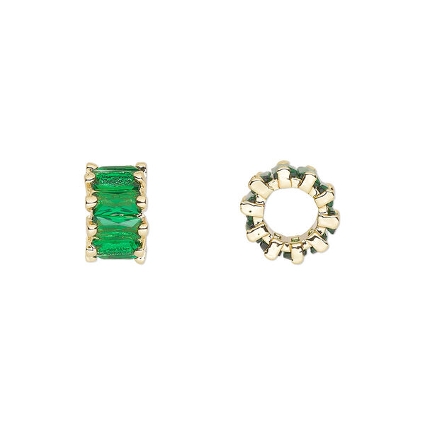 Bead, cubic zirconia and gold-plated brass, emerald, 10.5x6mm rondelle. Sold per pkg of 2. image number 0