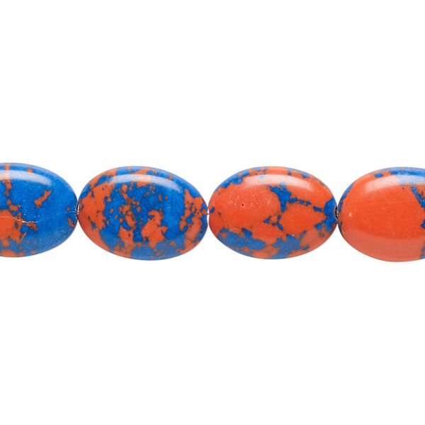 Bead, resin, dark blue and orange, 14x10mm flat oval. Sold per 15" to 16" strand. image number 0