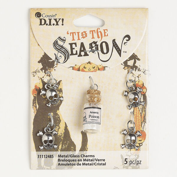 Charm and drop assortment 1pkg5, antique silver-finished "pewter" (zinc alloy) and steel / glass, clear and brown, 13mm skull and crossbones / 29x11mmmm bottle with cork and "Poison" label. image number 0