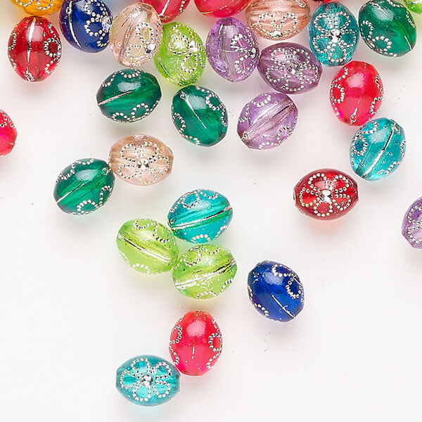 Bead 1pkg1 acrylic, 10x8mm oval / flower design, 1 ounce mix mixed colors image number 0