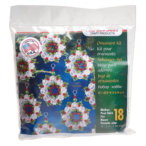 Ornament kit, The Beadery®, plastic, translucent red / translucent green / clear, wreath (7010). Sold individually. image number 0