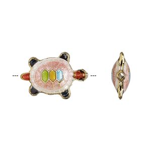 Bead, enamel and gold-finished copper, pink and multicolored, 20x13mm turtle. Sold per pkg of 4.