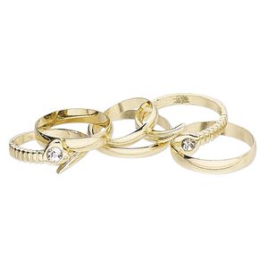 Ring mix, glass rhinestone and gold-finished brass, clear, 3mm / 4mm / 9mm wide, size 5 to 12-1/2. Sold per pkg of 6.