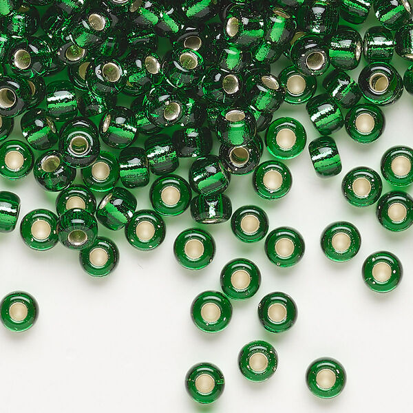 Seed bead, Miyuki, glass, pkg/250g, #6 rocaille, transparent silver-lined green, (RR-16). image number 0