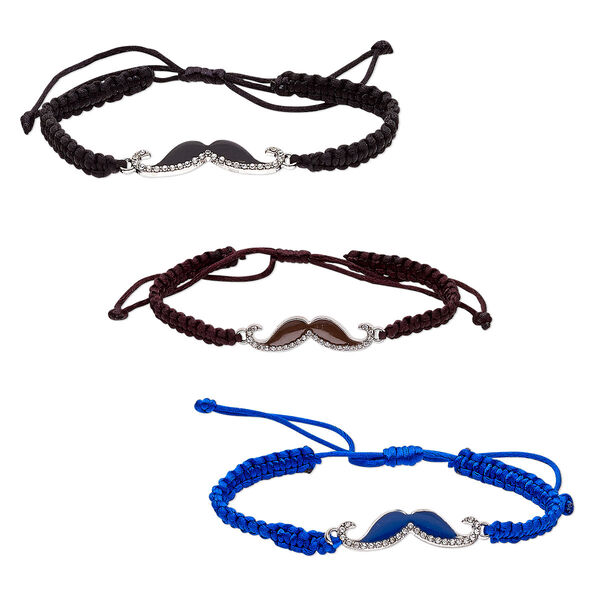Bracelet, nylon / glass rhinestone / "pewter" (zinc-based alloy), dark blue / black / dark brown, 13mm wide with 40x13mm mustache, adjustable from 6-1/2 to 9 inches with wrapped knot closure. Sold per pkg of 3. image number 0