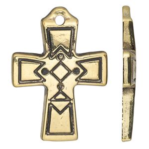 Focal, antiqued gold-finished copper-coated plastic, 45x32mm single-sided flat cross. Sold per 50-gram pkg, approximately 20 focals.