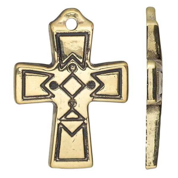 Focal, antiqued gold-finished copper-coated plastic, 45x32mm single-sided flat cross. Sold per 50-gram pkg, approximately 20 focals. image number 0