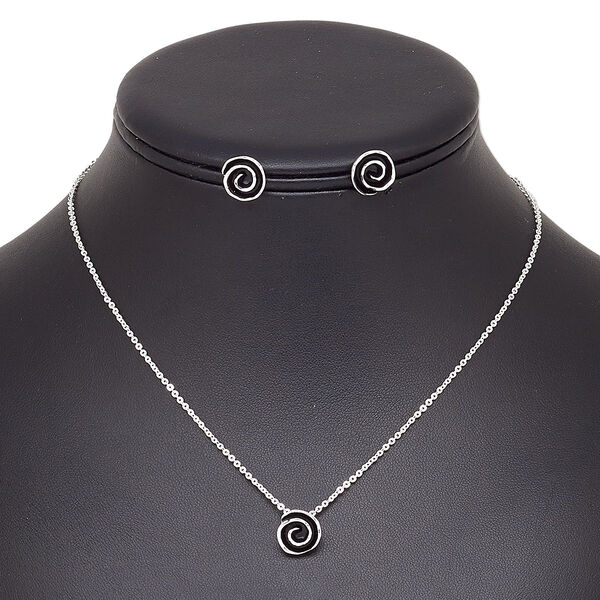 Necklace and earring set, enamel / stainless steel / silver-finished brass / steel / "pewter" (zinc-based alloy), black, 6x6mm swirl, 15" to 16" necklace with 2-inch extender chain and lobster claw clasp, 6x6mm swirl with post. Sold per set. image number 0