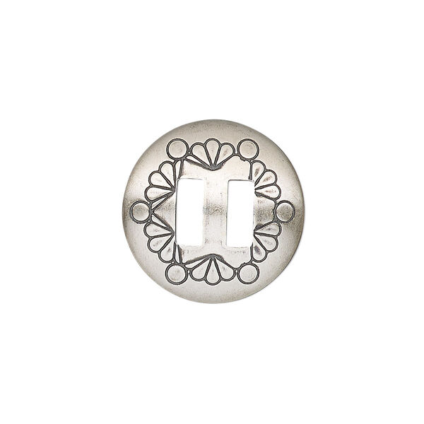 Slide, antiqued sterling silver, 19mm single-sided round Concho with fancy design and 6.5mm bar, 6.5x2.5mm hole. Sold individually. image number 0