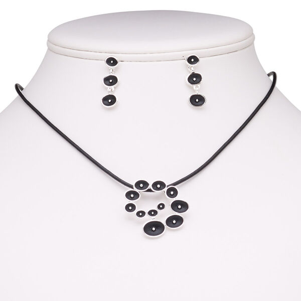 Necklace and earring set, leather (dyed) / enamel / stainless steel / silver-plated brass / steel / "pewter" (zinc-based alloy), black, 30x28mm spiral, 15" to 16" necklace with 2-inch extender chain and lobster claw clasp, 26mm earrings with post. Sold per set. image number 0
