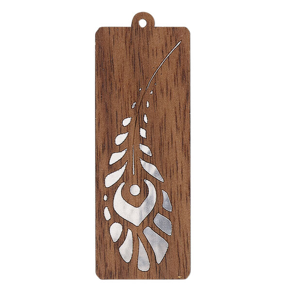 Focal, black walnut (natural) and aluminum foil, 43x16mm single-sided laser-cut rectangle with feather. Sold individually. image number 0