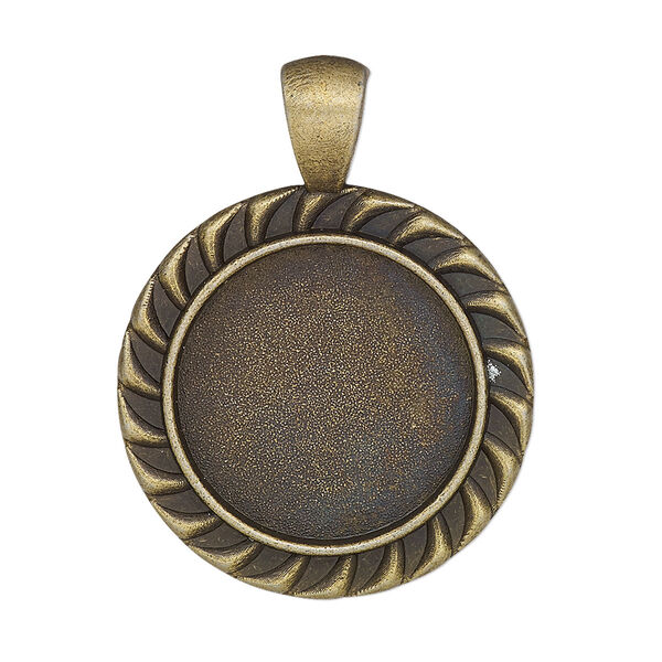 Pendant, glue-in, antique brass-finished "pewter" (zinc-based alloy), 37x28mm single-sided round with 20mm round setting. Sold per pkg of 2. image number 0