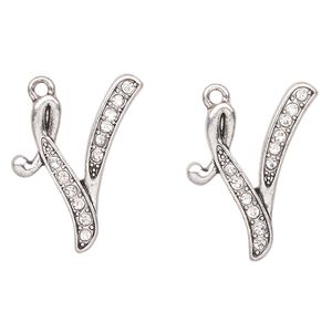 Charm, antique silver-finished "pewter" (zinc-based alloy) and glass, clear, 25x20mm letter "V". Sold per pkg of 2.