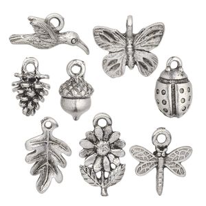 Charm set, antiqued pewter (tin-based alloy), 13x7.5mm-17.5x15mm nature theme. Sold per 8-piece set.